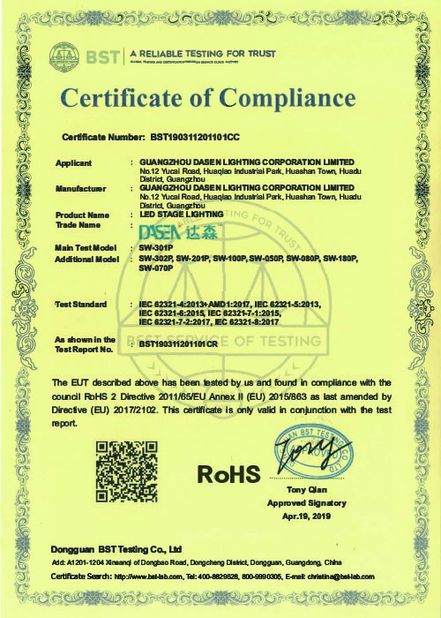 Китай Guangzhou Dasen Lighting Corporation Limited Сертификаты